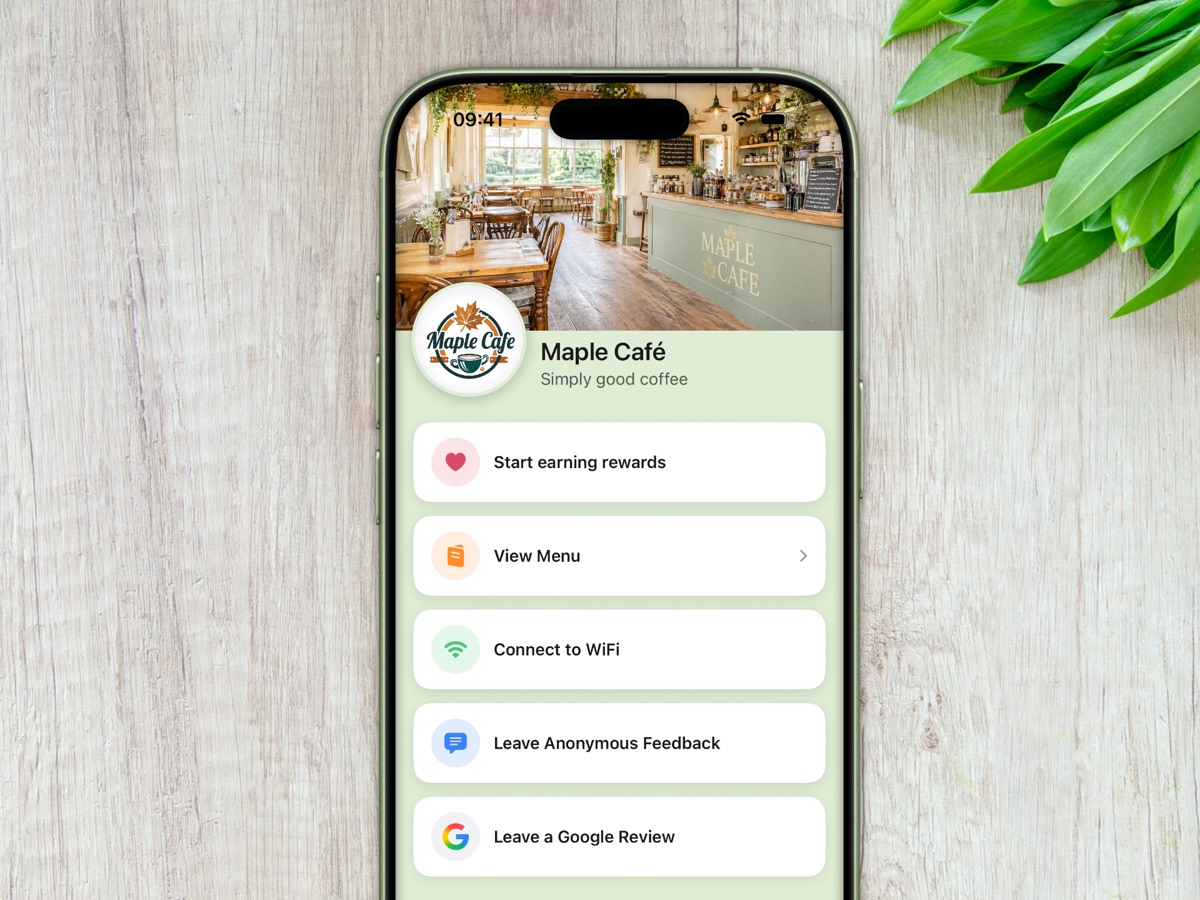 iPhone showing Candour app with digital menu, loyalty card, and feedback features