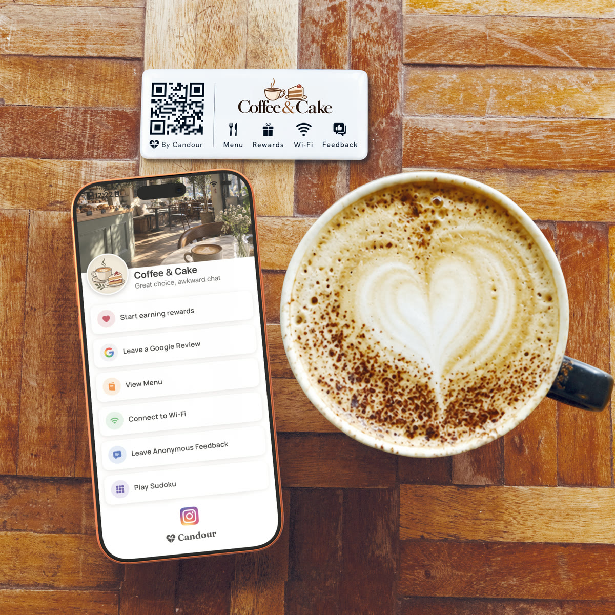 A Candour table tag beside an iPhone showing a café's page with rewards, Google reviews, menu and Wi-Fi, next to a latte